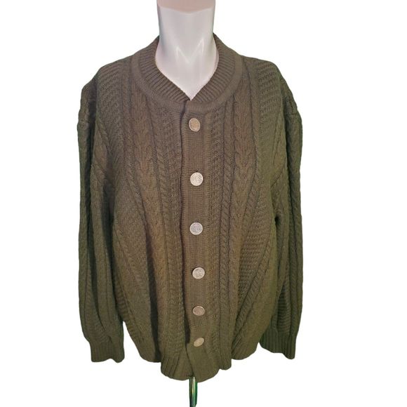 Vintage Wool Heavy Weight Cable Knit Fisherman Sweater Cardigan w Coin Buttons L - Picture 1 of 9